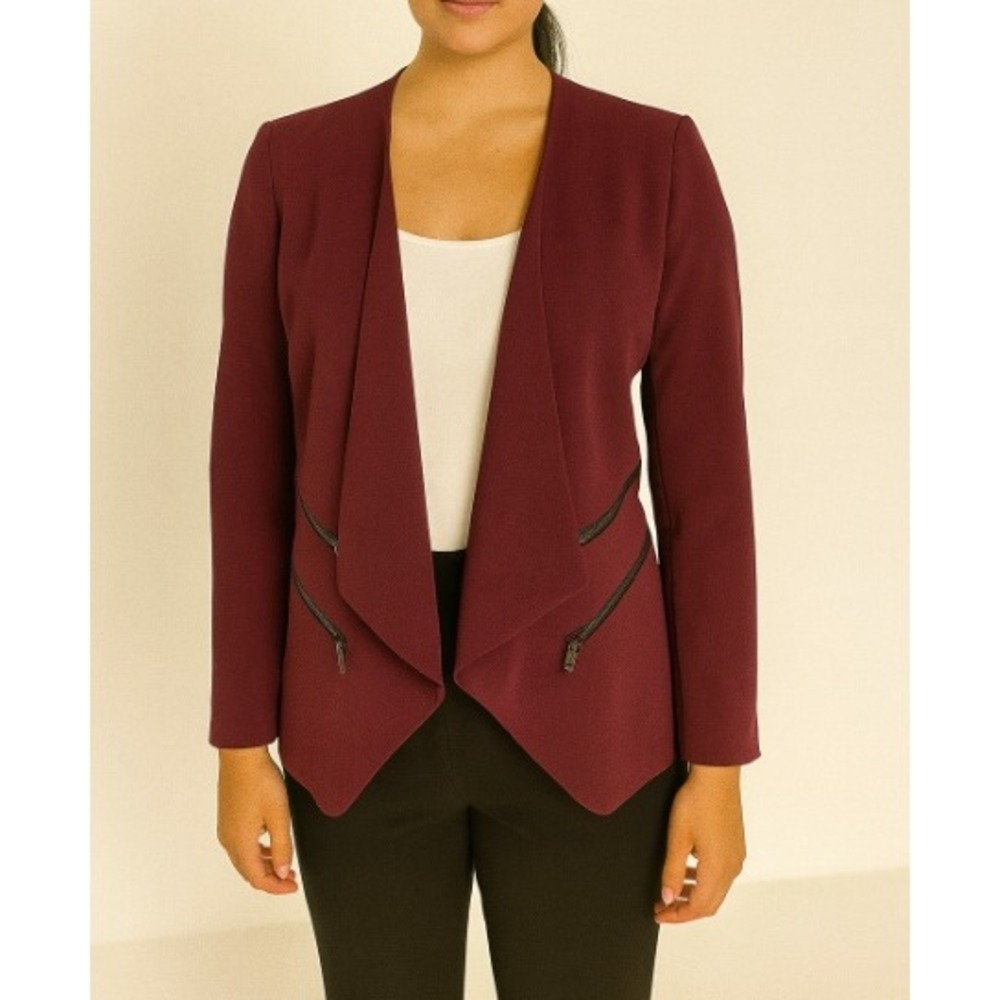 Le Chateau TP/XS Burgundy Blazer Jacket Open‎ Front Zipper Detail Petite